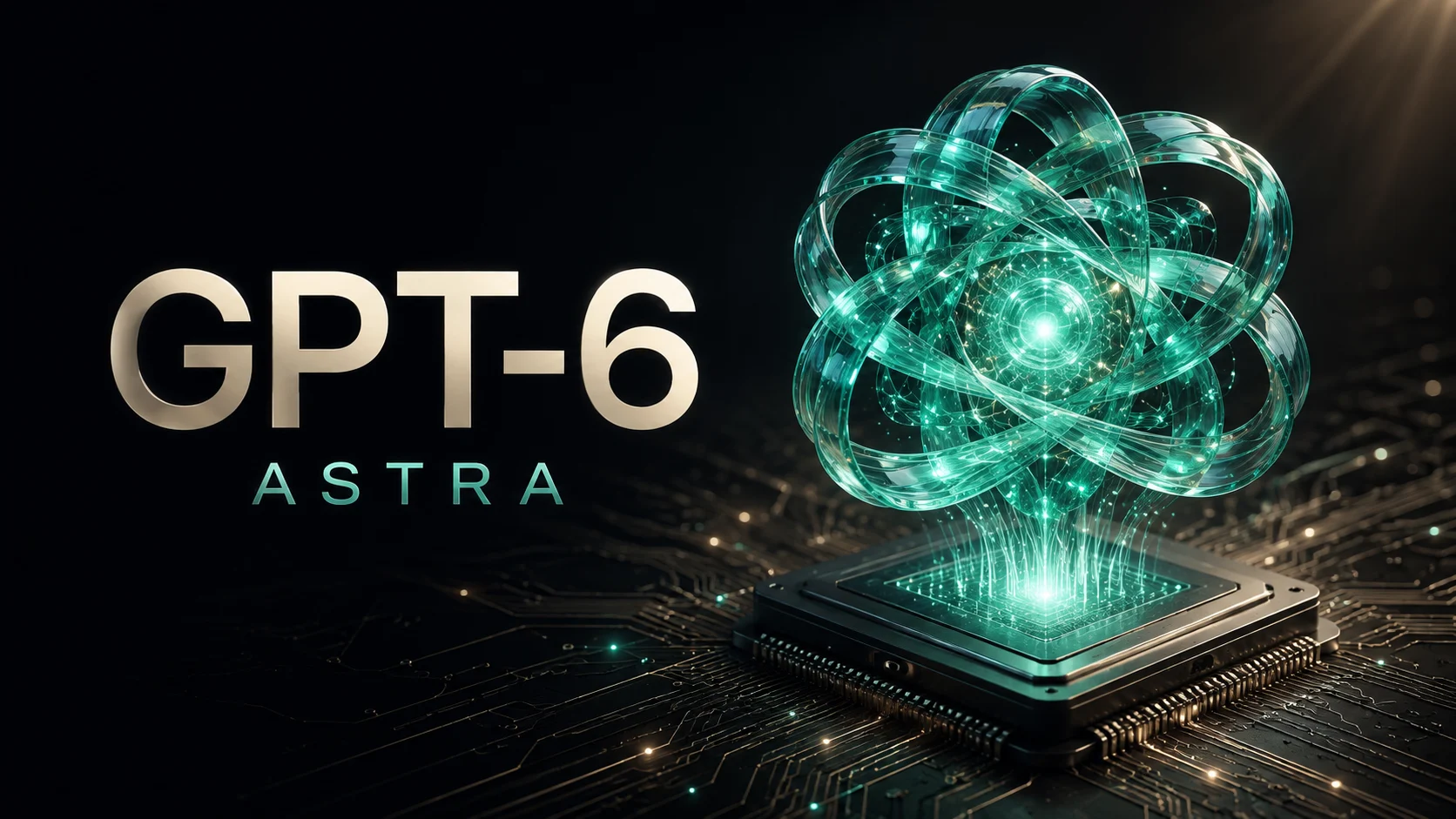 Núcleo luminoso verde de inteligência artificial sobre um processador, ao lado do título GPT-6 Astra