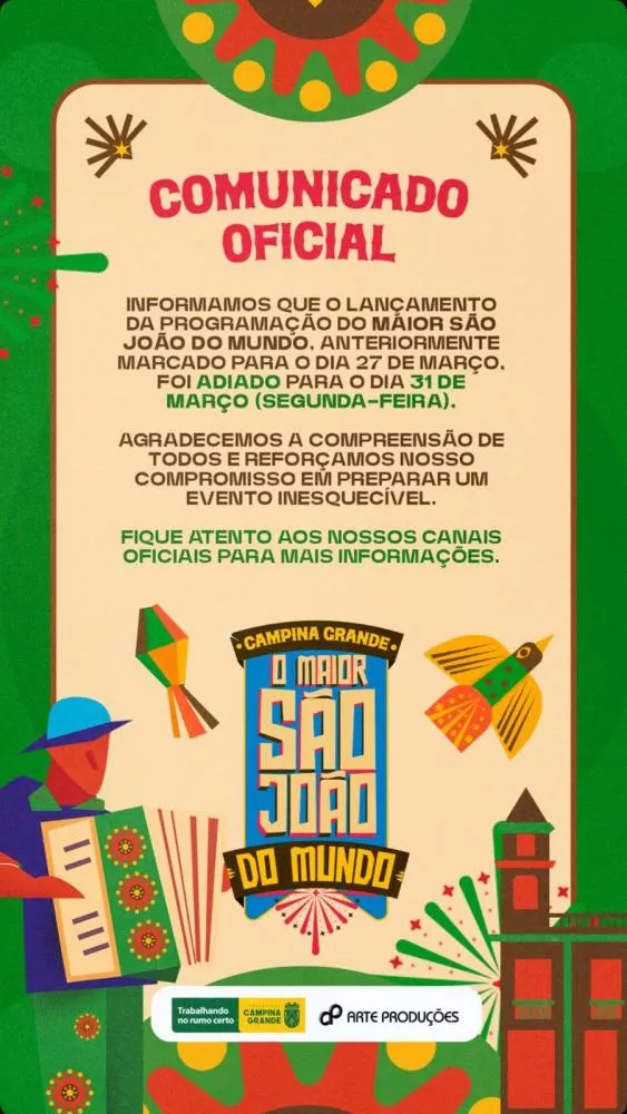 Lançamento da Programação do Maior São João do Mundo é Adiado para 31 de Março