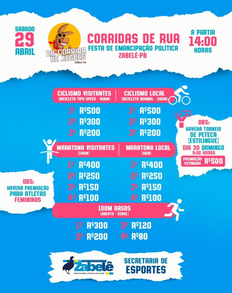 Prefeitura de Zabelê divulga programação esportiva na Festa de Emancipação Política